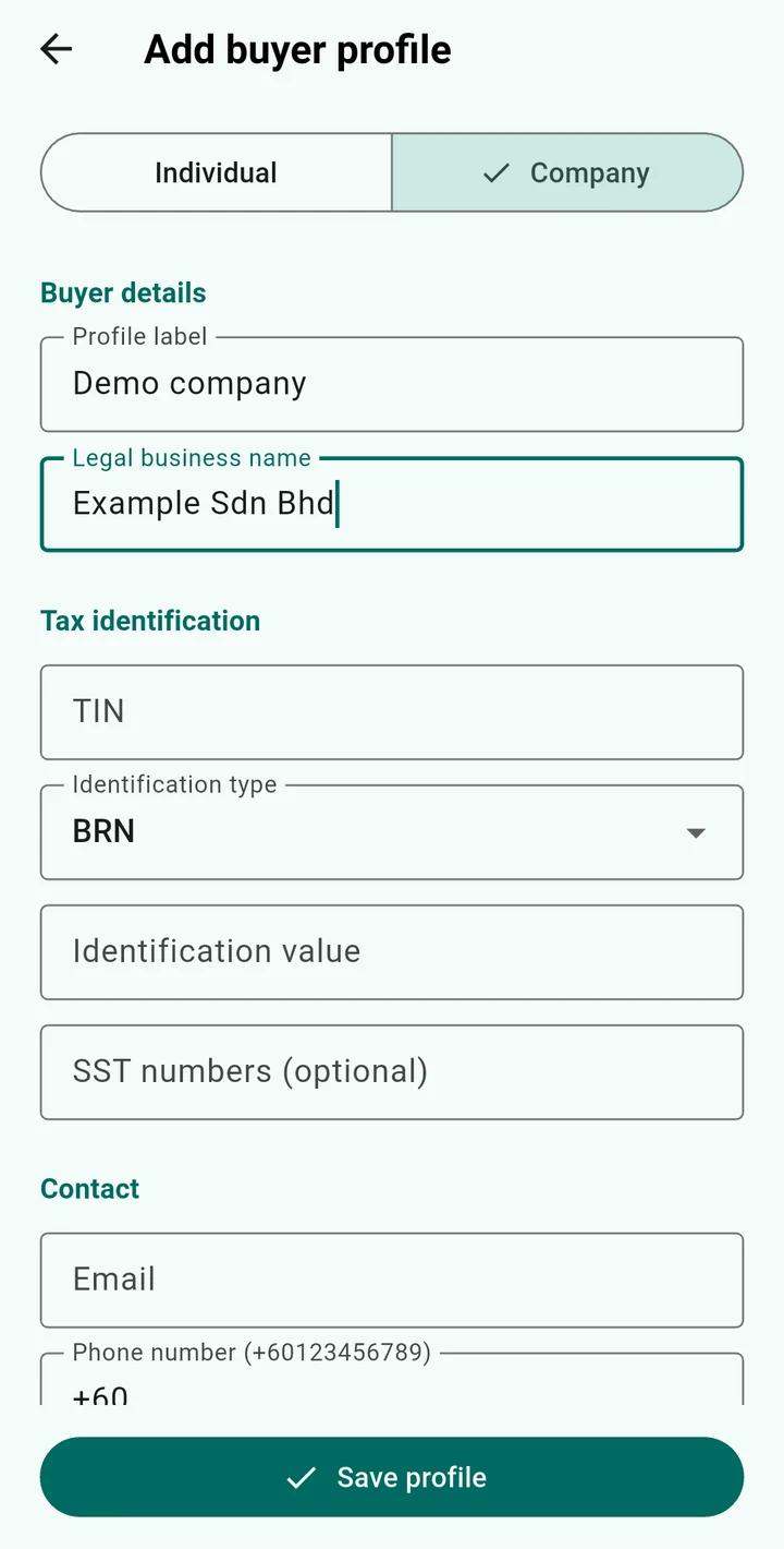 ReceiptLah company buyer form on Android with unsaved demo company details