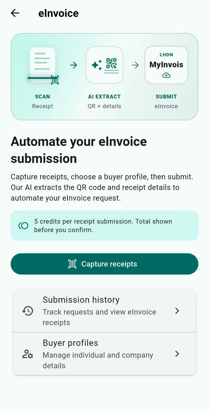 ReceiptLah e-Invoice screen on Android showing capture, buyer profiles and the 5-credit price