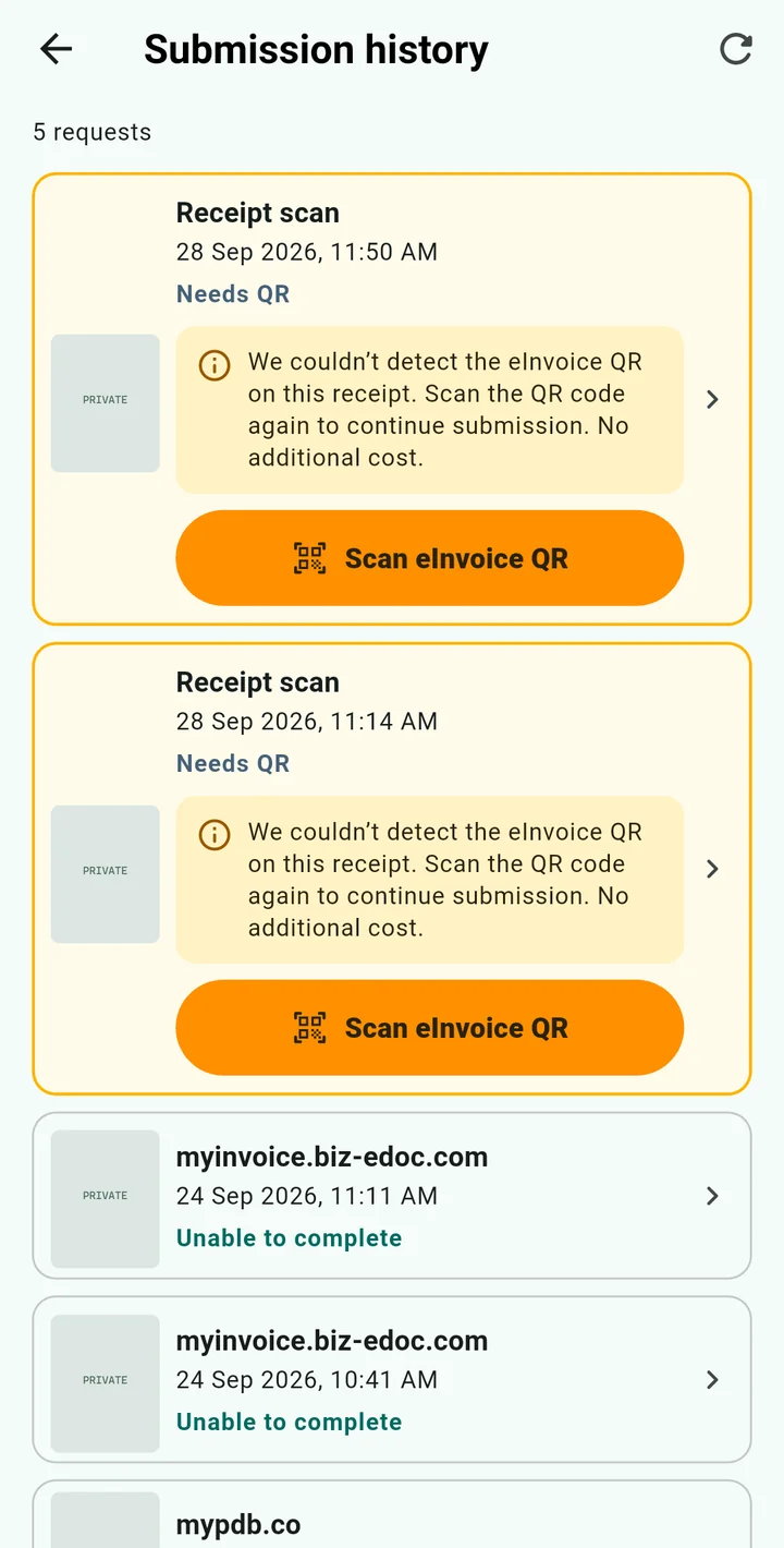 ReceiptLah request history on Android showing existing requests that need QR recovery or could not complete