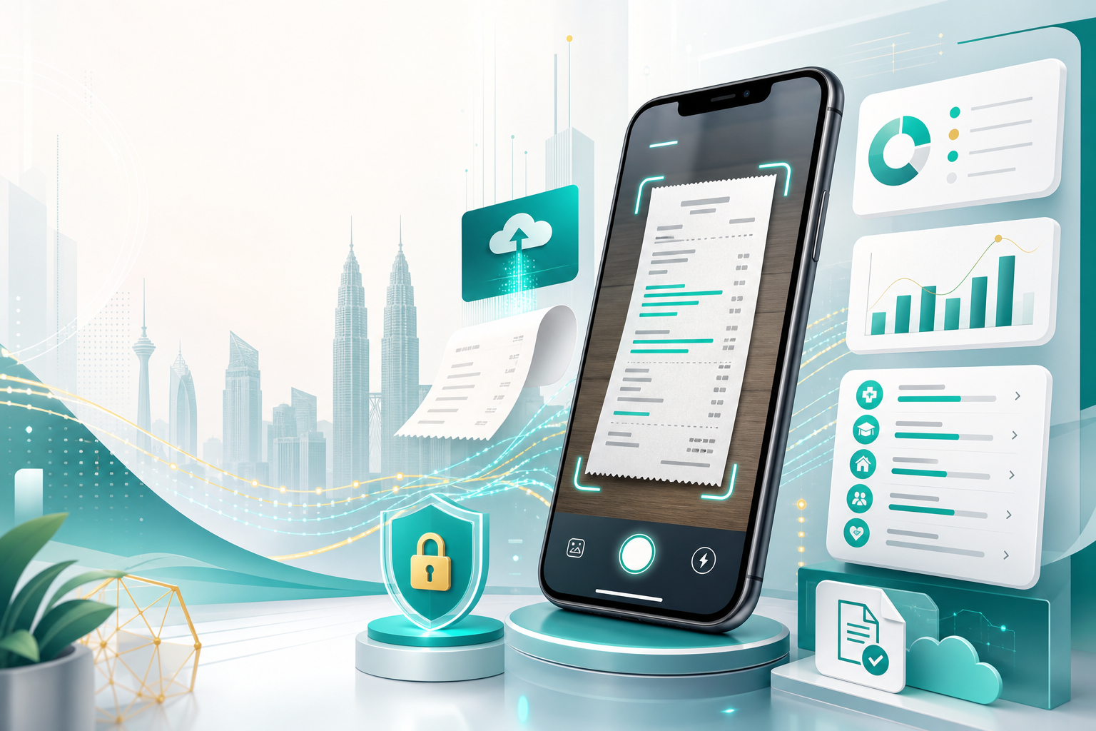 ReceiptLah receipt scanning app with analytics panels and Malaysian fintech design
